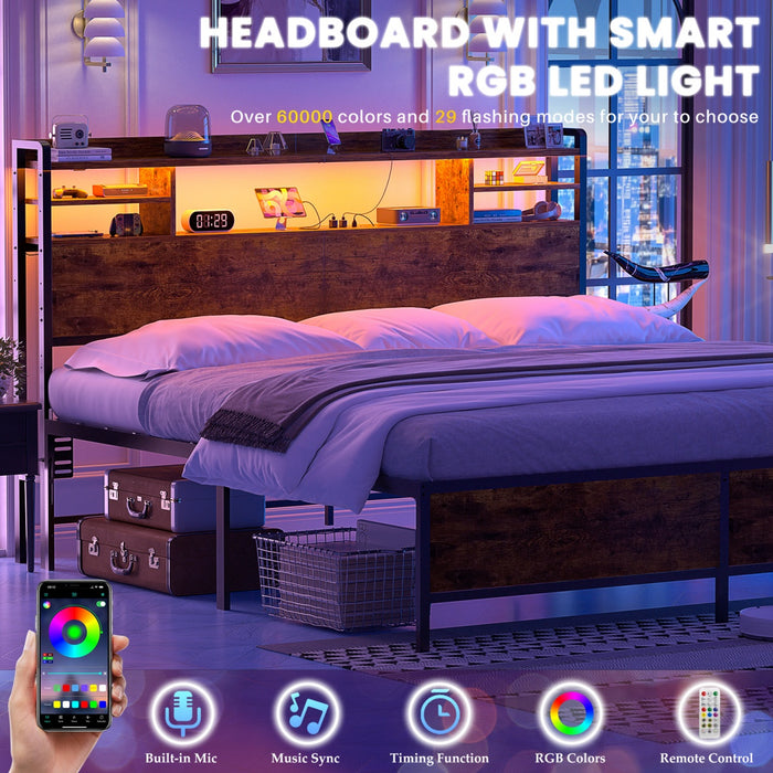 King Size Bookcase Headboard with Storage, Power Outlets & RGB LED Lights