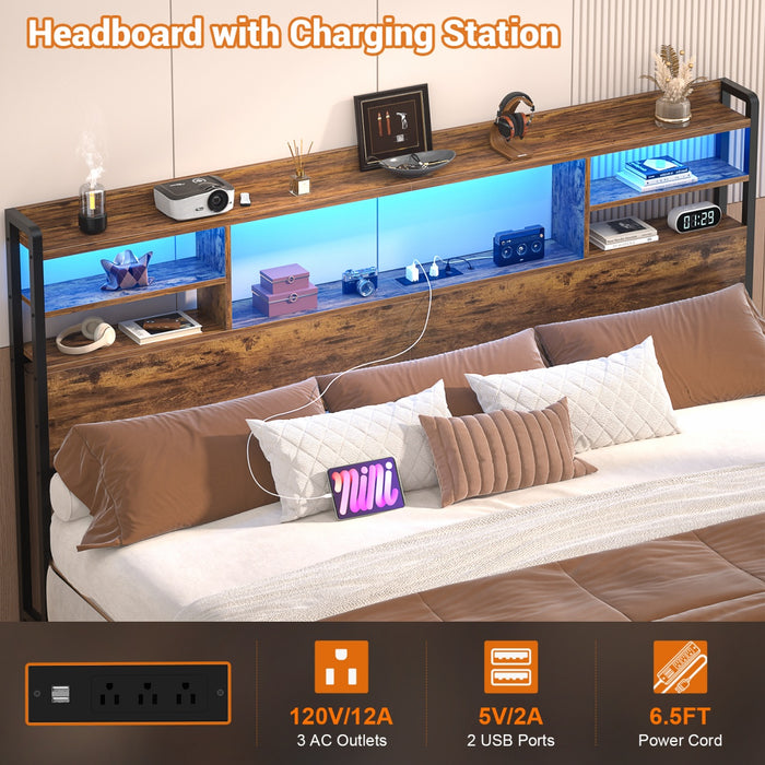 King Size Bookcase Headboard with Storage, Power Outlets & RGB LED Lights