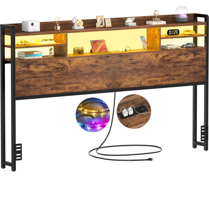 King Size Bookcase Headboard with Storage, Power Outlets & RGB LED Lights