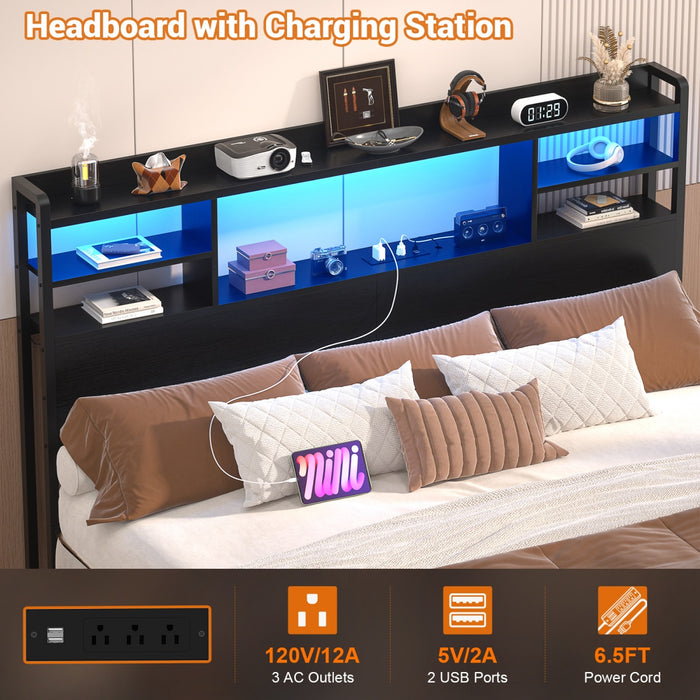 Queen Size Bookcase Headboard with Storage, Power Outlets & RGB LED Lights