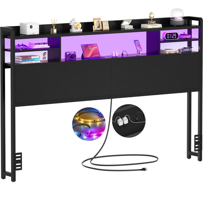 Queen Size Bookcase Headboard with Storage, Power Outlets & RGB LED Lights