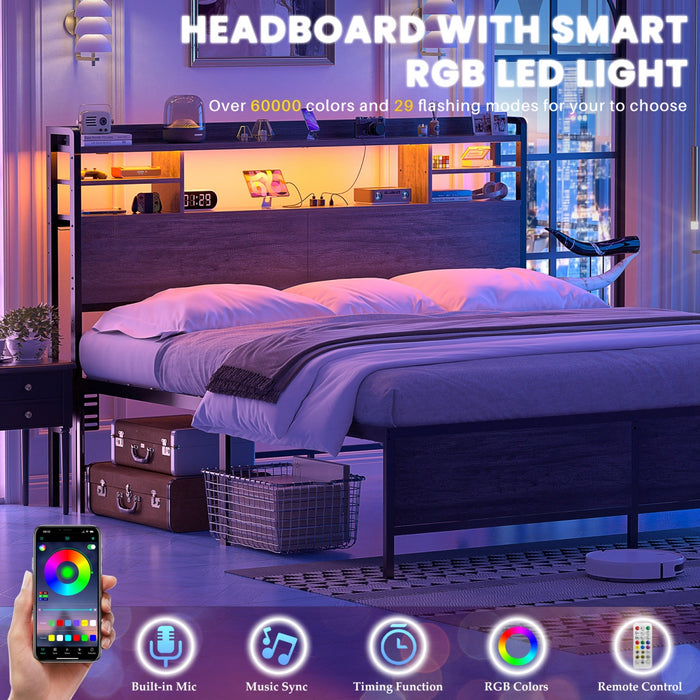 Queen Size Bookcase Headboard with Storage, Power Outlets & RGB LED Lights