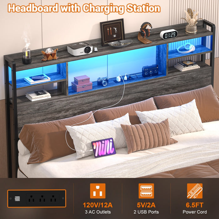 Queen Size Bookcase Headboard with Storage, Power Outlets & RGB LED Lights