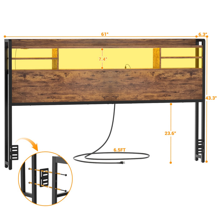 Queen Size Bookcase Headboard with Storage, Power Outlets & RGB LED Lights