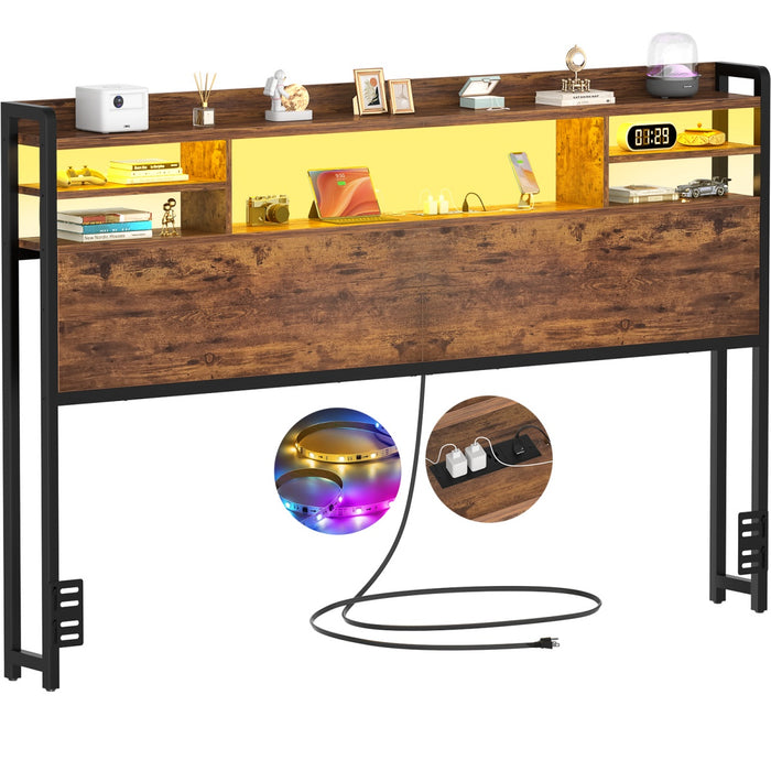 Queen Size Bookcase Headboard with Storage, Power Outlets & RGB LED Lights