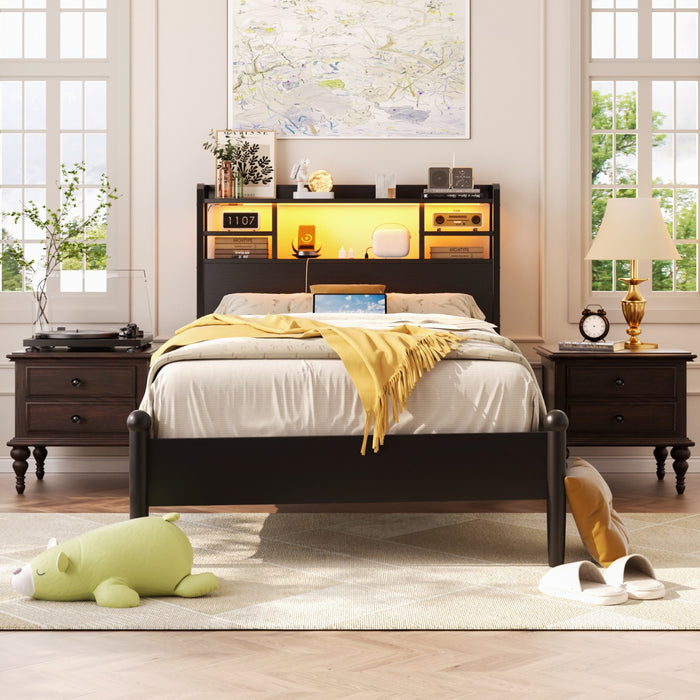 Twin Size Bookcase Headboard with Storage Shelves, Power Outlets & RGB LED Lights