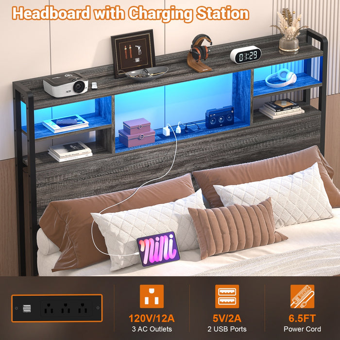 Twin Size Bookcase Headboard with Storage Shelves, Power Outlets & RGB LED Lights