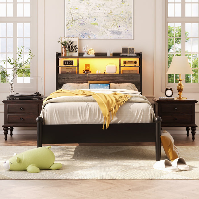 Twin Size Bookcase Headboard with Storage Shelves, Power Outlets & RGB LED Lights