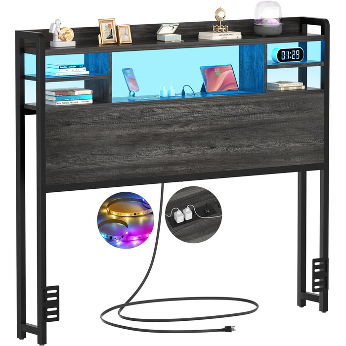 Twin Size Bookcase Headboard with Storage Shelves, Power Outlets & RGB LED Lights