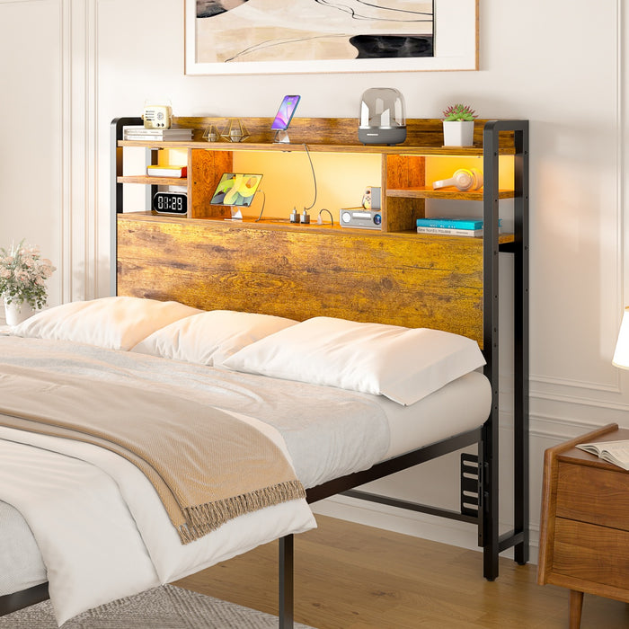 Twin Size Bookcase Headboard with Storage Shelves, Power Outlets & RGB LED Lights