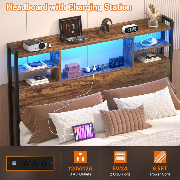 Twin Size Bookcase Headboard with Storage Shelves, Power Outlets & RGB LED Lights