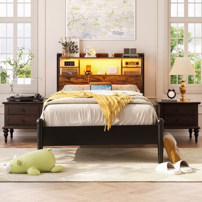 Twin Size Bookcase Headboard with Storage Shelves, Power Outlets & RGB LED Lights