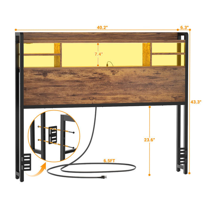 Twin Size Bookcase Headboard with Storage Shelves, Power Outlets & RGB LED Lights