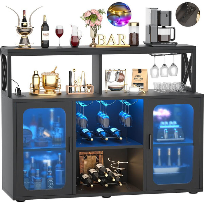 Bar Cabinet with LED Lights & Power Outlets, Liquor Cabinet with Glass Holder