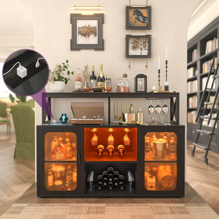 Bar Cabinet with LED Lights & Power Outlets, Liquor Cabinet with Glass Holder