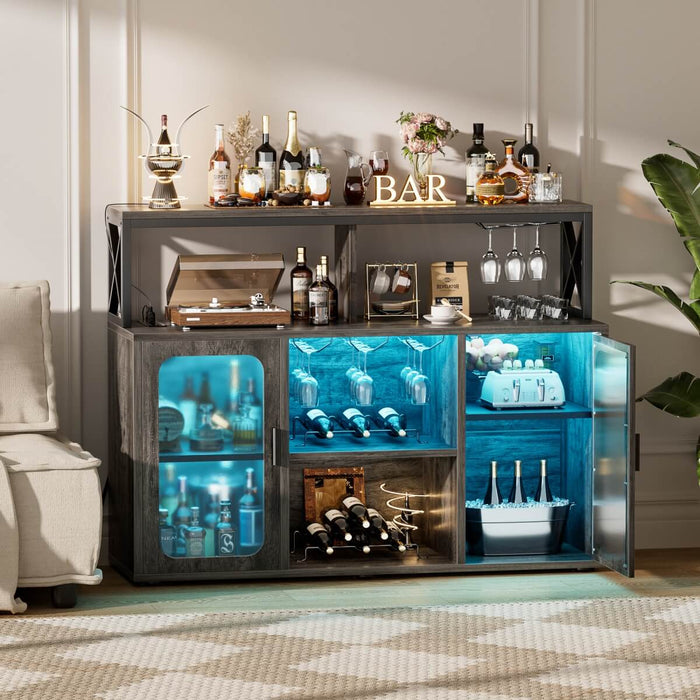Bar Cabinet with LED Lights & Power Outlets, Liquor Cabinet with Glass Holder