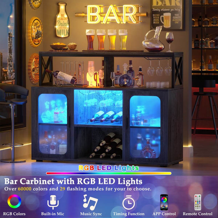 Bar Cabinet with LED Lights & Power Outlets, Liquor Cabinet with Glass Holder