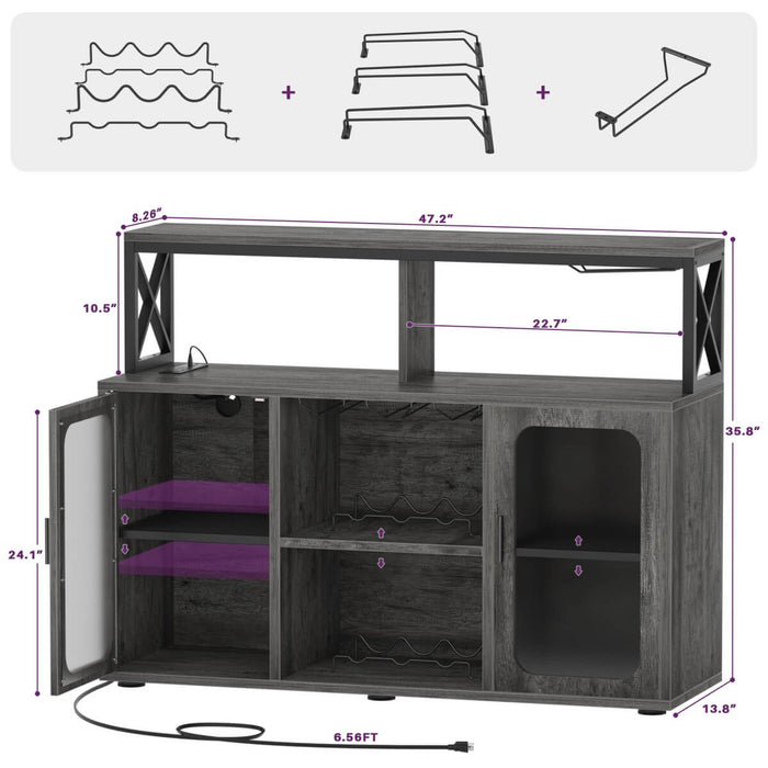 Bar Cabinet with LED Lights & Power Outlets, Liquor Cabinet with Glass Holder
