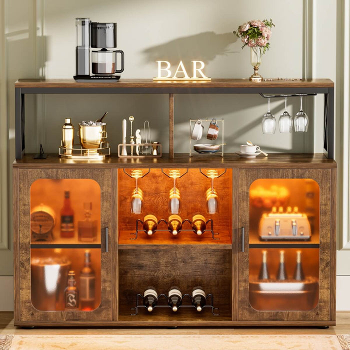 Bar Cabinet with LED Lights & Power Outlets, Liquor Cabinet with Glass Holder