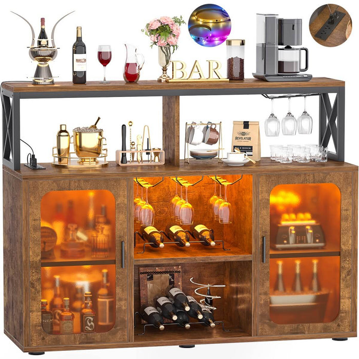 Bar Cabinet with LED Lights & Power Outlets, Liquor Cabinet with Glass Holder
