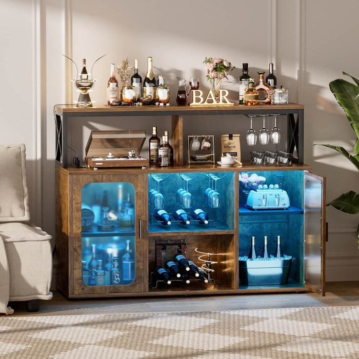 Bar Cabinet with LED Lights & Power Outlets, Liquor Cabinet with Glass Holder