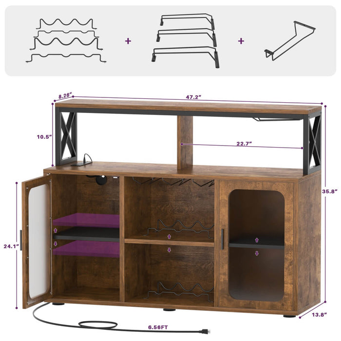 Bar Cabinet with LED Lights & Power Outlets, Liquor Cabinet with Glass Holder
