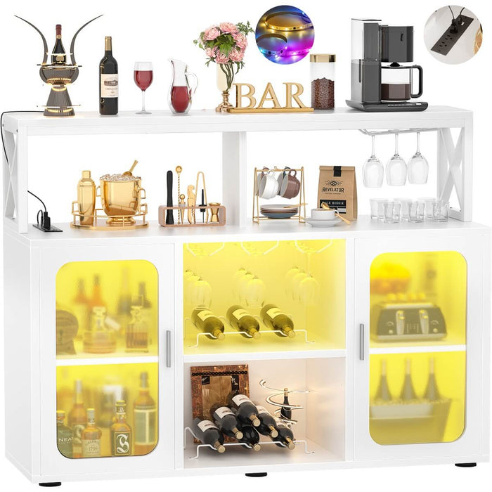 Bar Cabinet with LED Lights & Power Outlets, Liquor Cabinet with Glass Holder