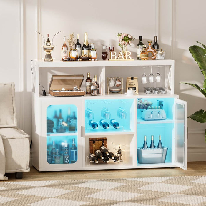 Bar Cabinet with LED Lights & Power Outlets, Liquor Cabinet with Glass Holder