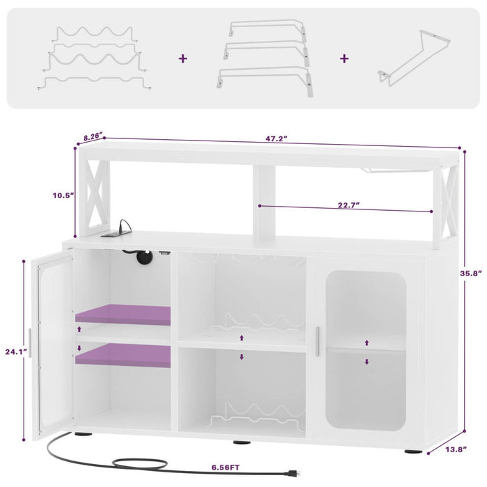 Bar Cabinet with LED Lights & Power Outlets, Liquor Cabinet with Glass Holder
