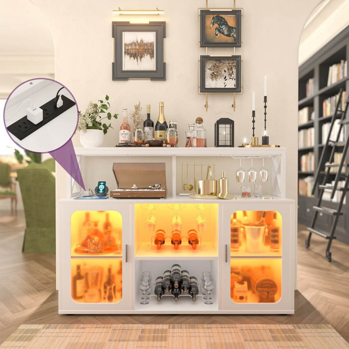 Bar Cabinet with LED Lights & Power Outlets, Liquor Cabinet with Glass Holder