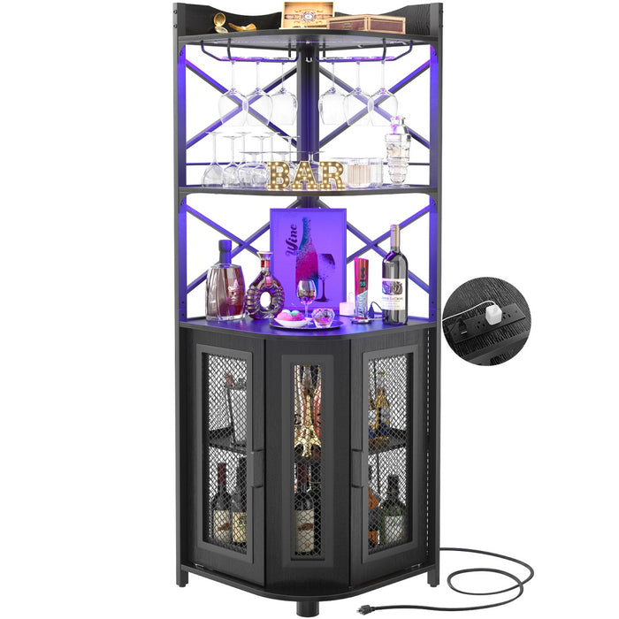 5-Tier Corner Bar Cabinet with LED Light, Outlets & Glass Holder