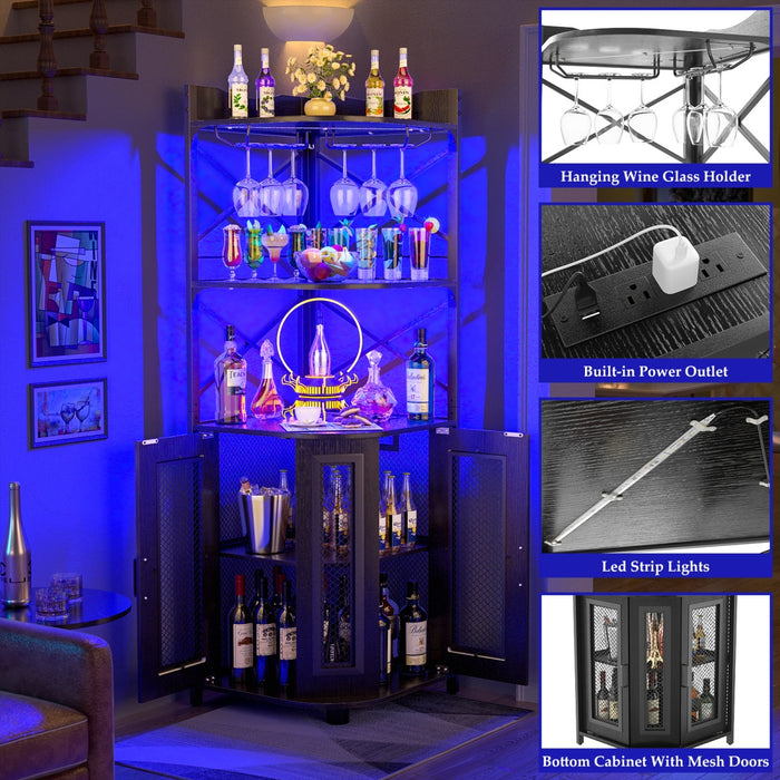 5-Tier Corner Bar Cabinet with LED Light, Outlets & Glass Holder