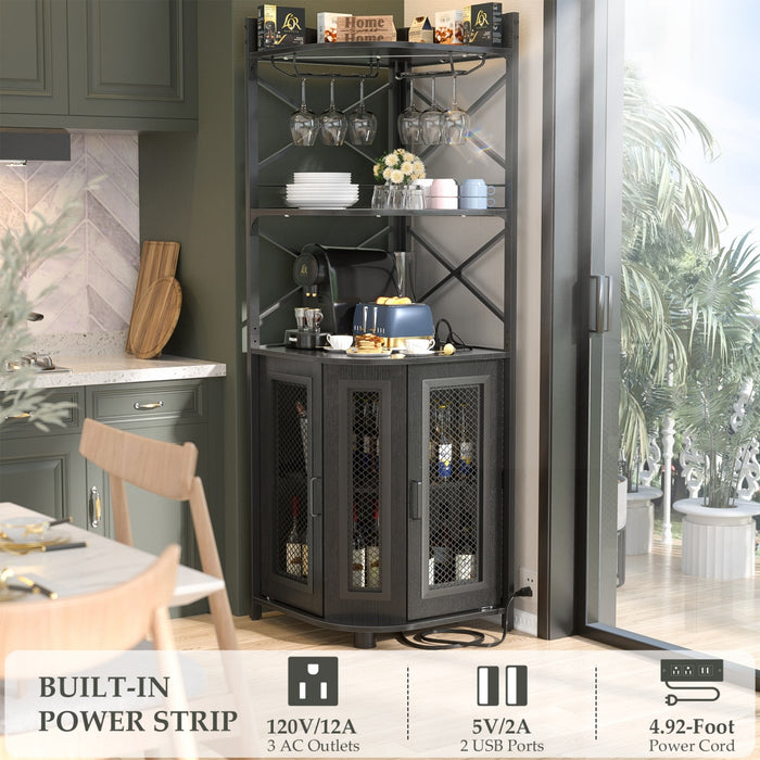 5-Tier Corner Bar Cabinet with LED Light, Outlets & Glass Holder