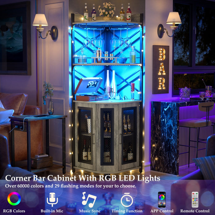 5-Tier Corner Bar Cabinet with LED Light, Outlets & Glass Holder