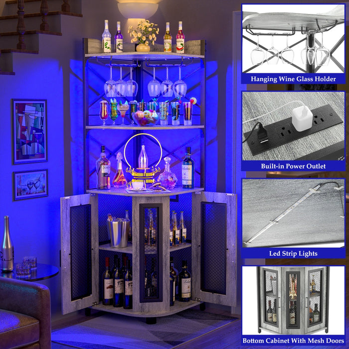 5-Tier Corner Bar Cabinet with LED Light, Outlets & Glass Holder