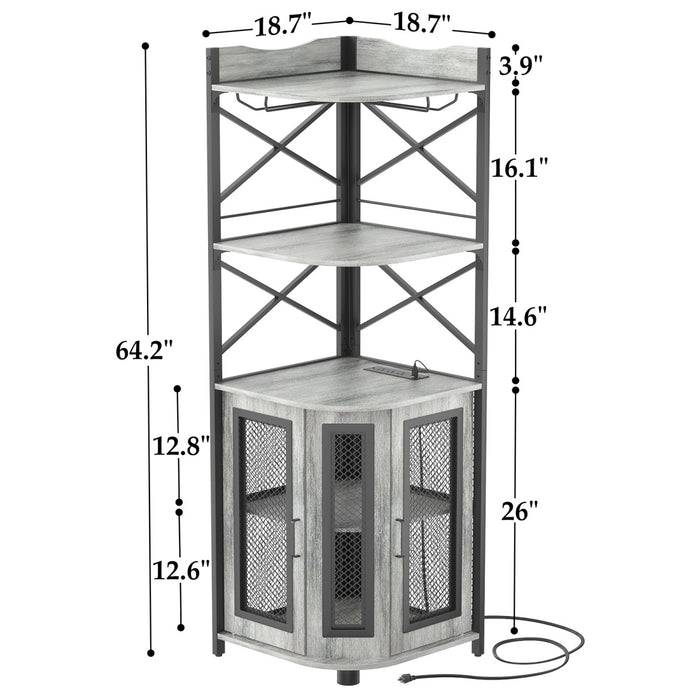 5-Tier Corner Bar Cabinet with LED Light, Outlets & Glass Holder
