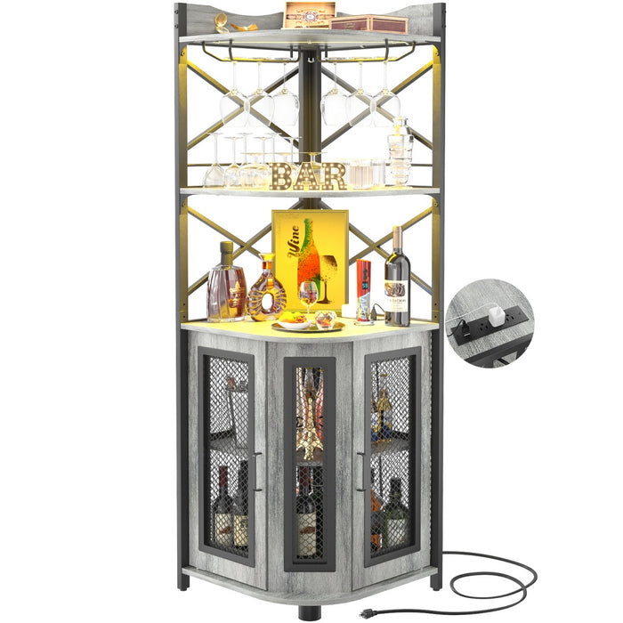 5-Tier Corner Bar Cabinet with LED Light, Outlets & Glass Holder