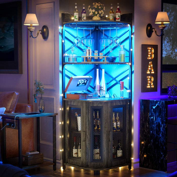 5-Tier Corner Bar Cabinet with LED Light, Outlets & Glass Holder