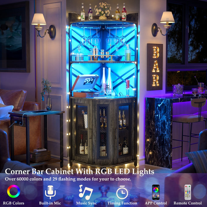 5-Tier Corner Bar Cabinet with LED Light, Outlets & Glass Holder