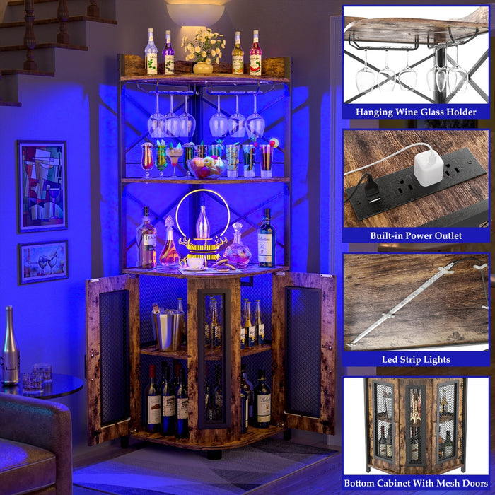 5-Tier Corner Bar Cabinet with LED Light, Outlets & Glass Holder