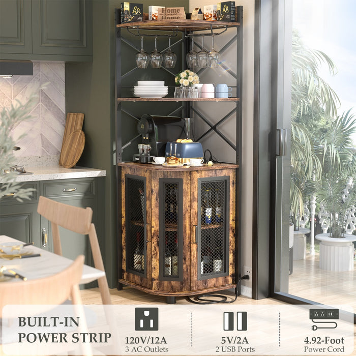 5-Tier Corner Bar Cabinet with LED Light, Outlets & Glass Holder