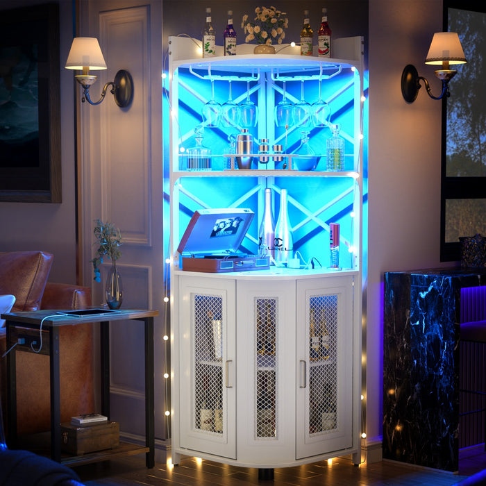 5-Tier Corner Bar Cabinet with LED Light, Outlets & Glass Holder