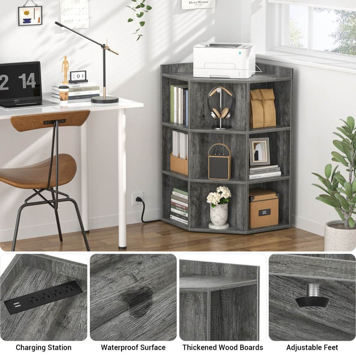3-Tier Corner Cabinet with Power Outlets & Cubes Storage, for Small Space