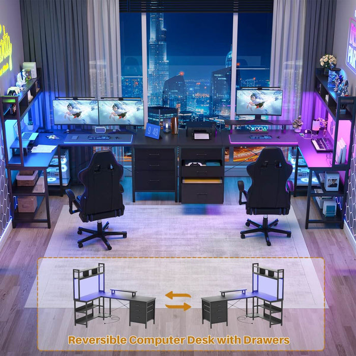 L Shaped Desk with Hutch Storage, Drawers & Power Outlets