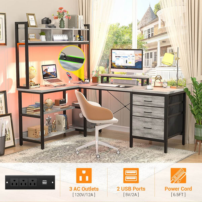 L Shaped Desk with Hutch Storage, Drawers & Power Outlets