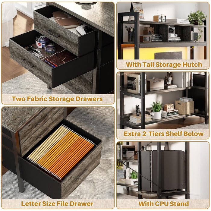 L Shaped Desk with Hutch Storage, Drawers & Power Outlets