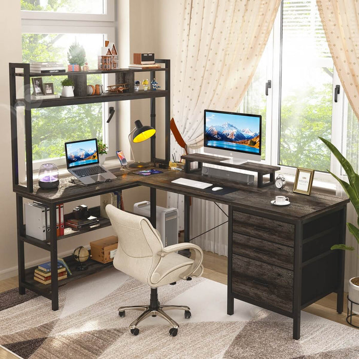 L Shaped Desk with Hutch Storage, Drawers & Power Outlets
