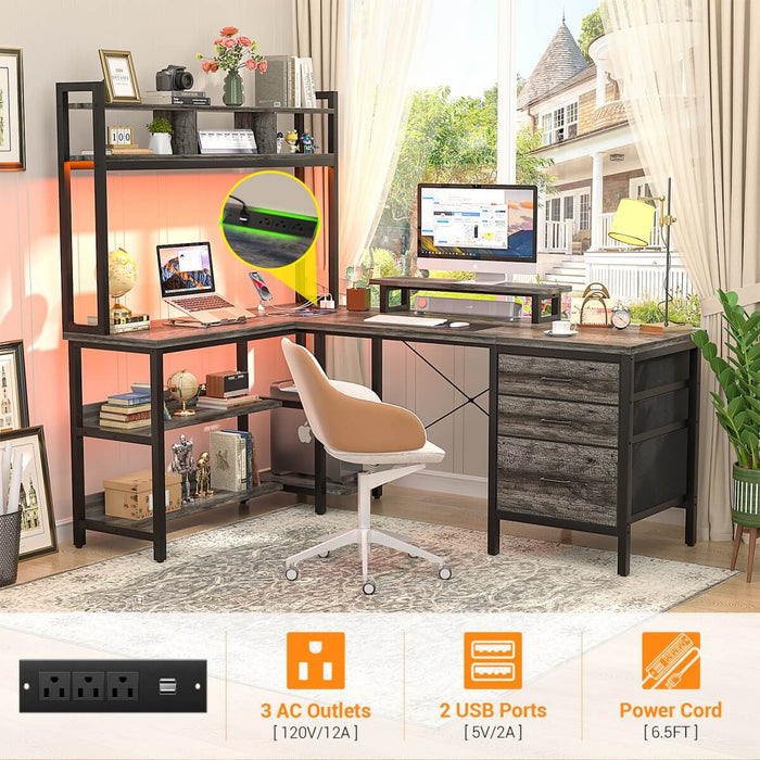 L Shaped Desk with Hutch Storage, Drawers & Power Outlets