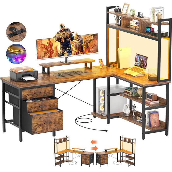 L Shaped Desk with Hutch Storage, Drawers & Power Outlets