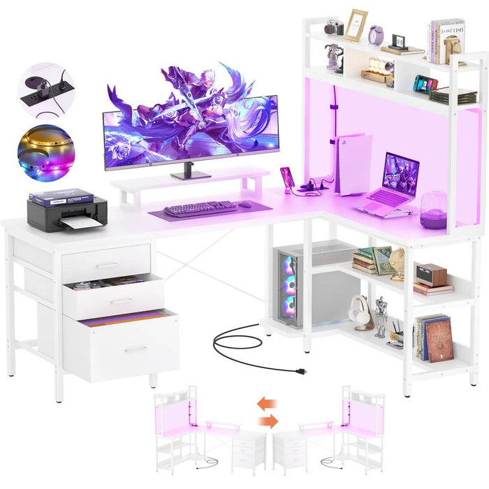 L Shaped Desk with Hutch Storage, Drawers & Power Outlets